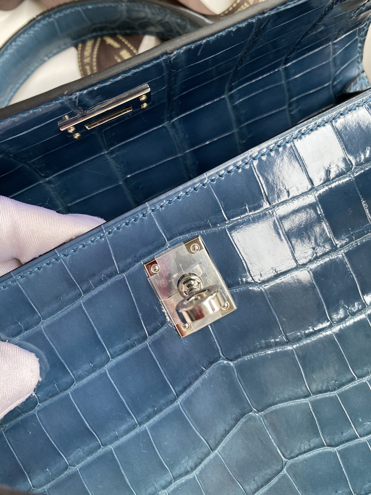 Hermes Kelly 25cm Handbag Shoulder Bag In Blue Jean Shiny Crocodile Niloticus Leather